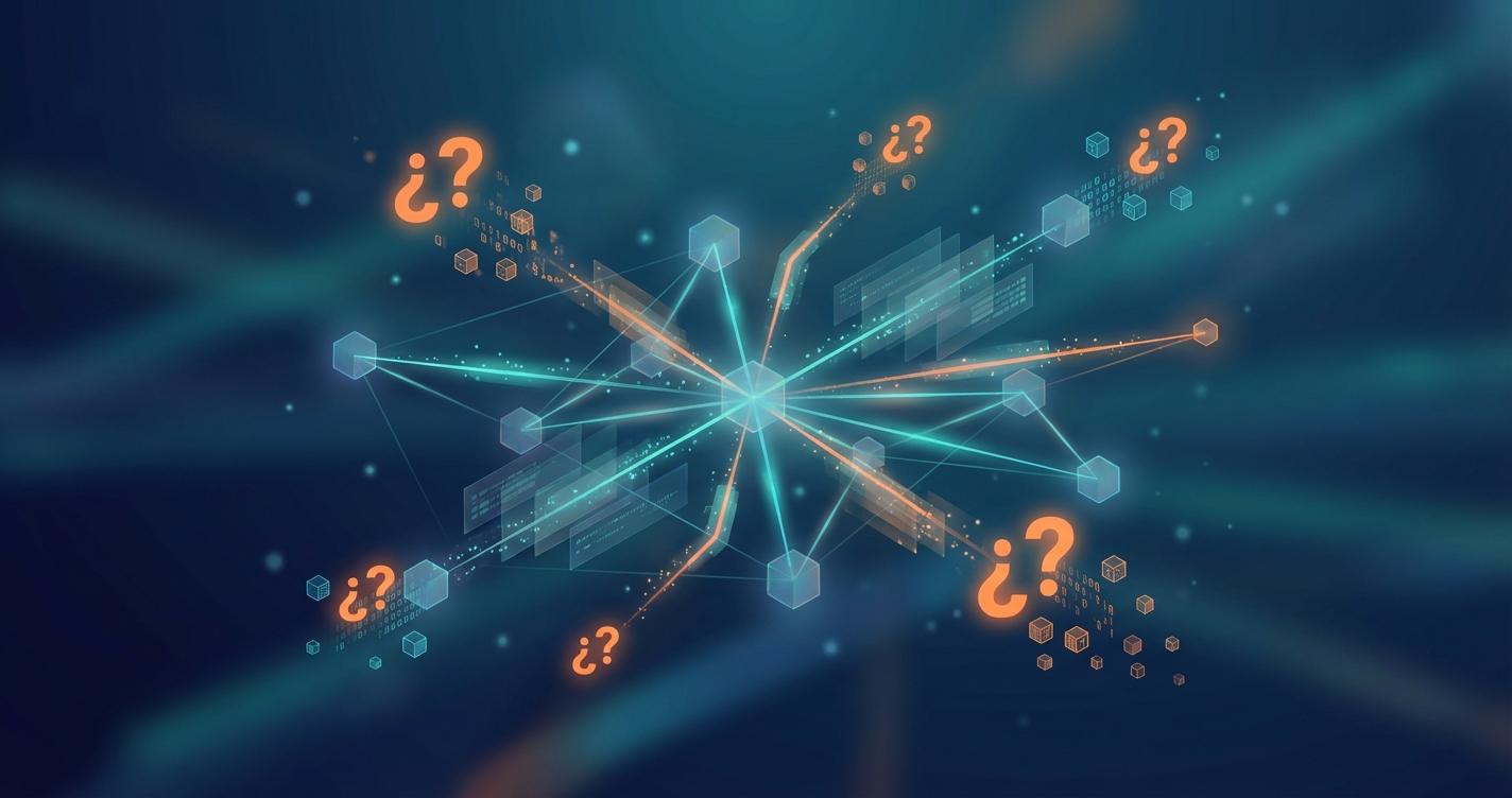 Abstract visualization of AI neural networks processing information with glowing connections and data points