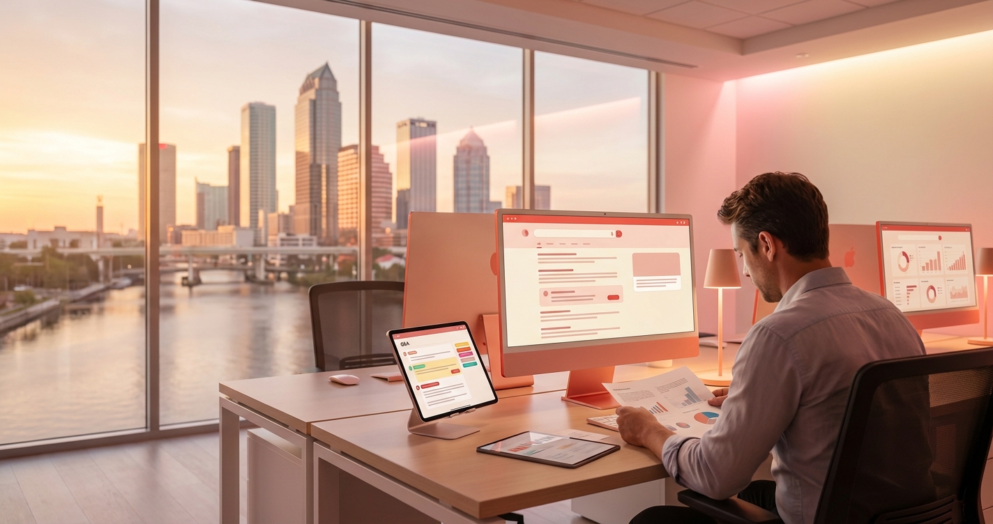 Tampa marketing professional implementing AEIO strategy with structured FAQ content and AI search optimization tools